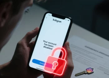 akun instagram diblokir, pria melihat notifikasi akun disabled di HP, ikon gembok merah, kunci instagram, cara mengembalikan akun instagram