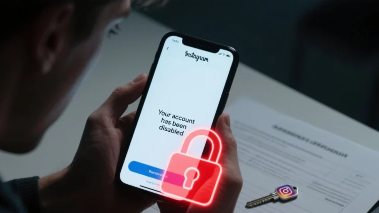 akun instagram diblokir, pria melihat notifikasi akun disabled di HP, ikon gembok merah, kunci instagram, cara mengembalikan akun instagram