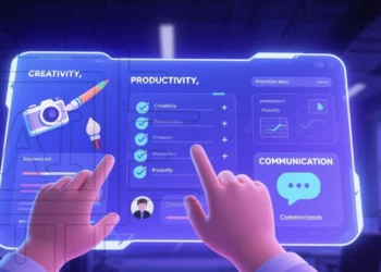 Seseorang berinteraksi dengan antarmuka futuristik, mengilustrasikan berbagai aplikasi AI terbaik untuk kreativitas, produktivitas, dan komunikasi.