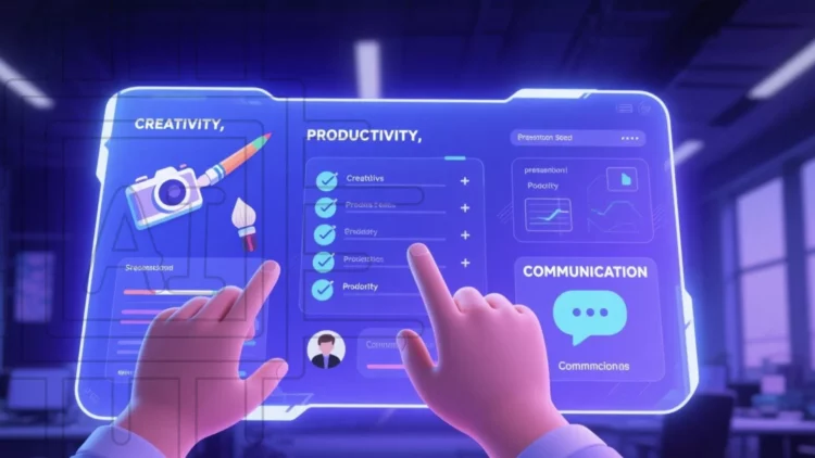 Seseorang berinteraksi dengan antarmuka futuristik, mengilustrasikan berbagai aplikasi AI terbaik untuk kreativitas, produktivitas, dan komunikasi.