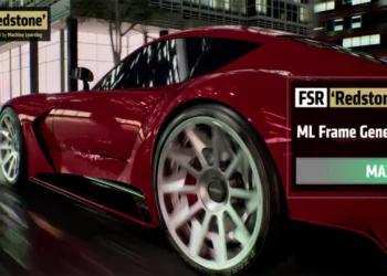 Ilustrasi teknologi AMD FSR Redstone yang ditenagai Machine Learning, menampilkan mobil balap merah dengan visual tajam dan frame rate (FPS) maksimal.