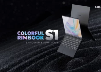 Gambar promosi laptop Colorful Rimbook S1 yang 'aneh' karena mengkombinasikan bodi ramping dengan prosesor gaming Intel Core i5 H-series.