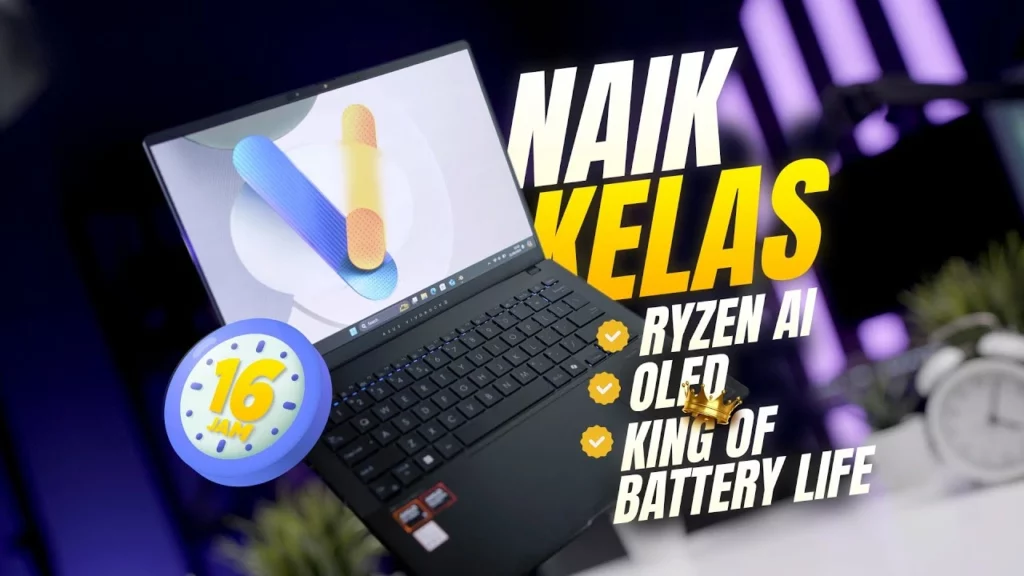 Tampilan laptop ASUS Vivobook S14 OLED M5406WA dengan penekanan pada keunggulan utamanya: prosesor Ryzen AI, layar OLED, dan daya tahan baterai hingga 16 jam.