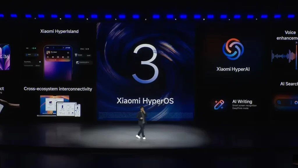 Slide presentasi resmi yang merangkum berbagai fitur baru dalam update HyperOS 3, dengan fokus utama pada Xiaomi HyperAI dan HyperIsland.