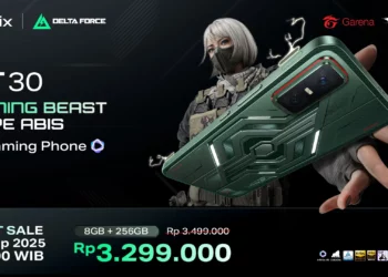 Poster peluncuran resmi HP gaming AI Infinix GT 30, yang menampilkan desain 'Gaming Beast', harga perdana Rp3.299.000, dan spesifikasi 8GB+256GB.