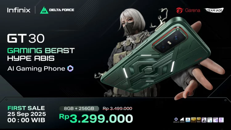 Poster peluncuran resmi HP gaming AI Infinix GT 30, yang menampilkan desain 'Gaming Beast', harga perdana Rp3.299.000, dan spesifikasi 8GB+256GB.