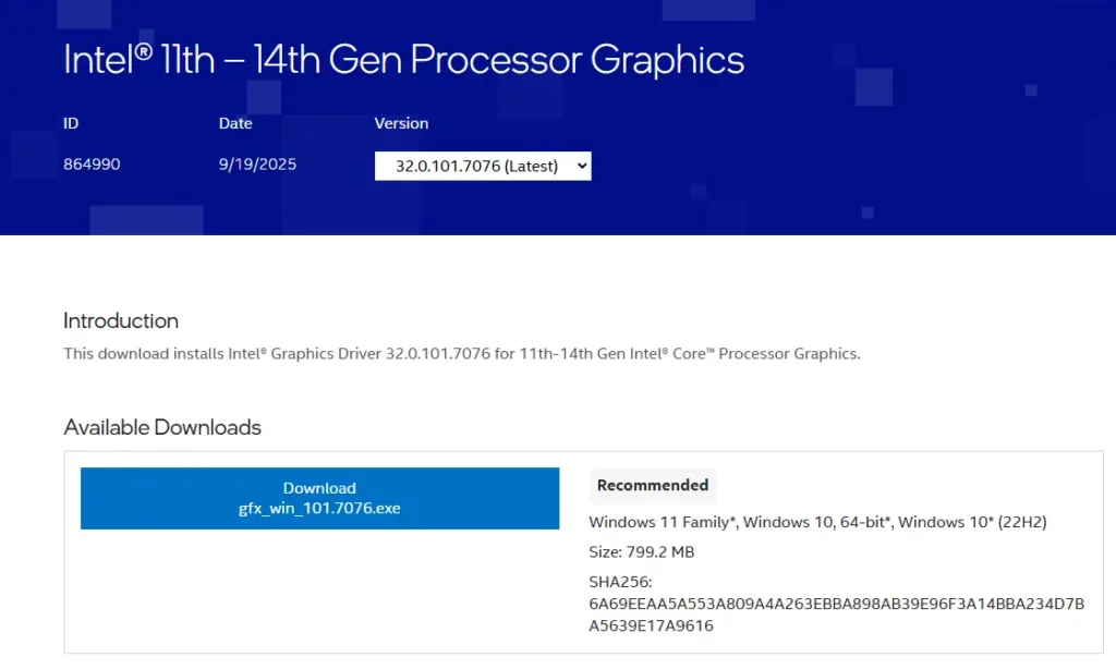 Tangkapan layar halaman download resmi driver GPU Intel versi 32.0.101.7076 yang khusus dibuat untuk prosesor Intel Core Generasi ke-11 hingga ke-14.