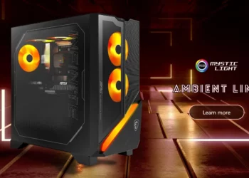 Tampilan PC Sultan MSI MPG Infinite Z3 X3D dengan casing gaming berwarna hitam dan lampu RGB oranye yang menyala.