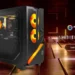 Tampilan PC Sultan MSI MPG Infinite Z3 X3D dengan casing gaming berwarna hitam dan lampu RGB oranye yang menyala.