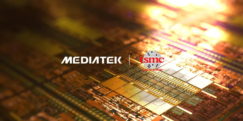 Logo MediaTek dan TSMC bersanding di atas gambar wafer silikon, melambangkan kemitraan erat dalam pengembangan chipset 2nm.