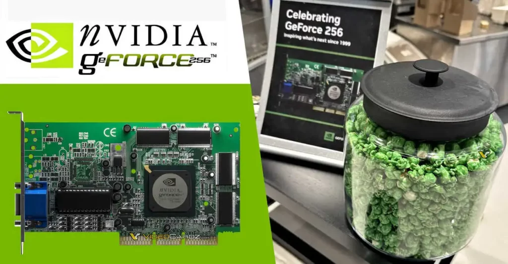 Kolase gambar kartu grafis NVIDIA GeForce 256, produk revolusioner dalam sejarah NVIDIA yang diklaim sebagai GPU pertama di dunia pada tahun 1999.