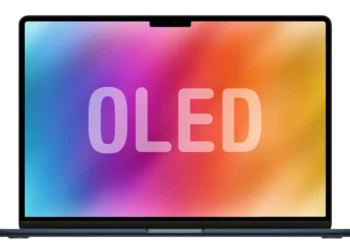 Ilustrasi MacBook Pro dengan layar OLED, model pertama yang dilaporkan akan menjadi MacBook layar sentuh dari Apple.