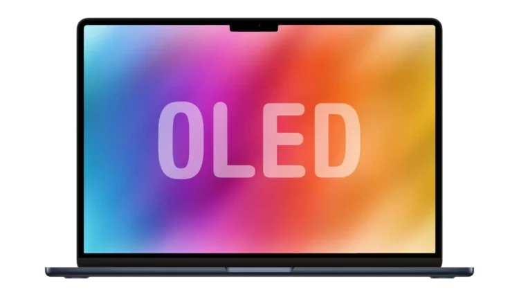 Ilustrasi MacBook Pro dengan layar OLED, model pertama yang dilaporkan akan menjadi MacBook layar sentuh dari Apple.