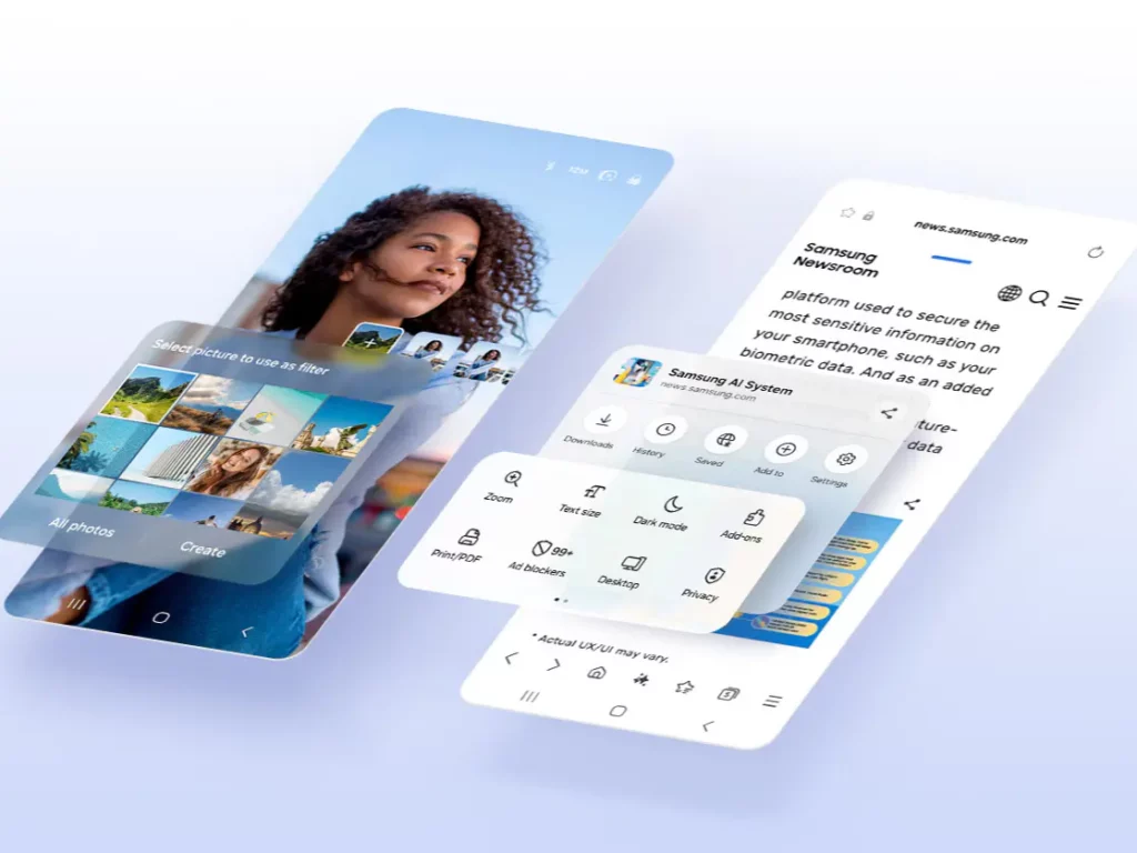 Dua layar smartphone Samsung menampilkan fitur-fitur baru di One UI 8, seperti filter foto dari galeri dan peningkatan browser dengan Samsung AI System.