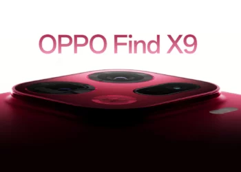 Gambar teaser close-up dari HP Oppo Find X9 berwarna merah, menyoroti desain premium dan modul kamera barunya.