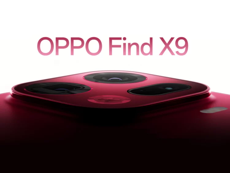 Gambar teaser close-up dari HP Oppo Find X9 berwarna merah, menyoroti desain premium dan modul kamera barunya.