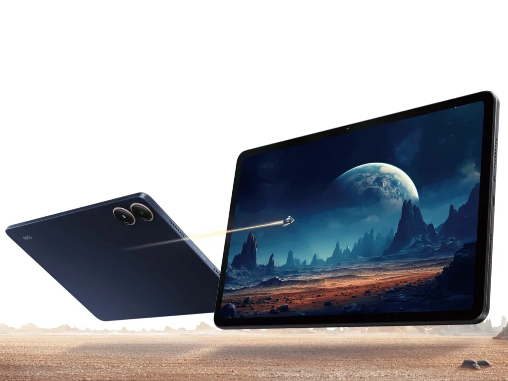 Gambar render yang menampilkan desain depan dan belakang dari tablet Poco Pad M1, yang diduga merupakan kembaran dari Redmi Pad 2 Pro.