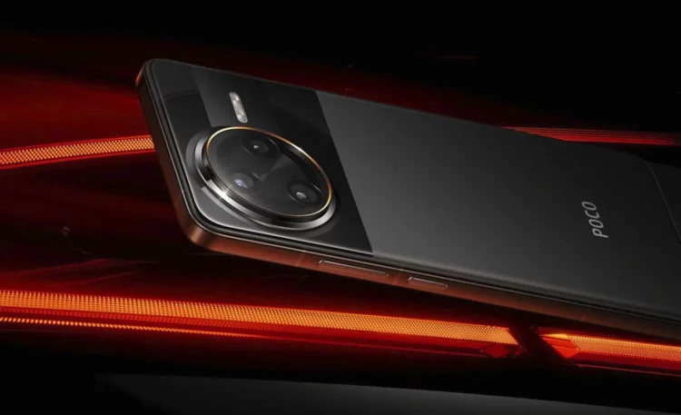 Gambar teaser close-up dari Poco F8, menampilkan desain modul kamera premiumnya dengan latar belakang merah menyala.