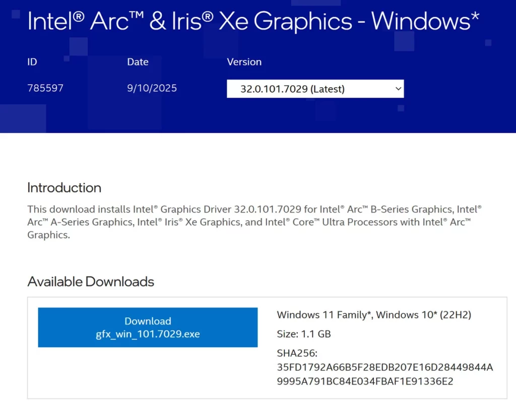 Tangkapan layar halaman unduhan driver Intel Arc & Iris Xe yang kini terpisah dari pembaruan untuk driver iGPU Intel Generasi 11-14.