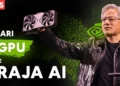 CEO NVIDIA Jensen Huang memegang GPU, sebuah momen ikonik dalam sejarah NVIDIA yang menggambarkan transformasi perusahaan dari produsen kartu grafis menjadi raja AI.