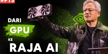 CEO NVIDIA Jensen Huang memegang GPU, sebuah momen ikonik dalam sejarah NVIDIA yang menggambarkan transformasi perusahaan dari produsen kartu grafis menjadi raja AI.