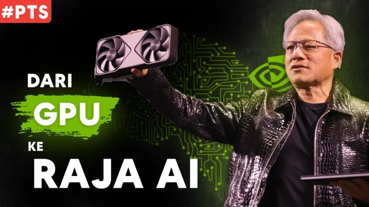CEO NVIDIA Jensen Huang memegang GPU, sebuah momen ikonik dalam sejarah NVIDIA yang menggambarkan transformasi perusahaan dari produsen kartu grafis menjadi raja AI.