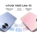Poster peluncuran resmi vivo V60 Lite dalam dua varian warna, menyoroti spesifikasi kunci seperti chipset 7360-Turbo dan baterai raksasa 6500mAh.
