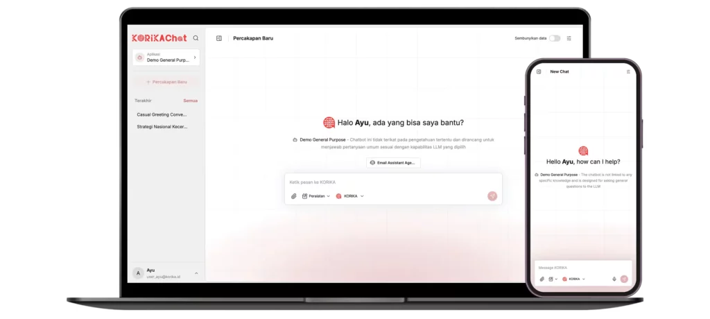 Tampilan antarmuka chatbot Korika Chat AI di laptop dan smartphone, produk 'ChatGPT' versi lokal yang kualitasnya sedang dipertanyakan.