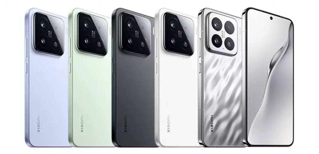 Jajaran lima varian warna HP Xiaomi 15, menampilkan pilihan warna ungu, hijau, hitam, putih, dan silver, menyorot desain premium dan modul kamera Leica.