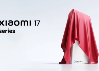 Ilustrasi promosi peluncuran seri Xiaomi 17 dengan kotak tertutup kain merah, menampilkan logo Xiaomi HyperOS.