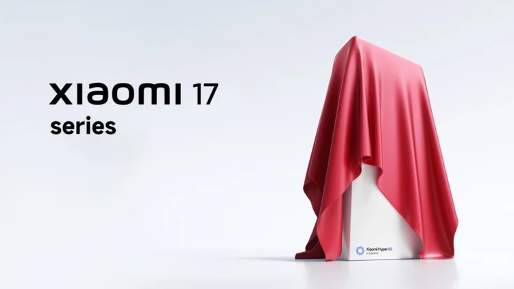 Ilustrasi promosi peluncuran seri Xiaomi 17 dengan kotak tertutup kain merah, menampilkan logo Xiaomi HyperOS.