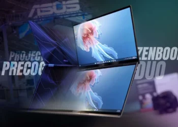 Tampilan laptop ASUS Zenbook DUO (UX8406CA) dalam mode dua layar vertikal, menampilkan inovasi dari Project Precog menjadi produk nyata yang revolusioner.