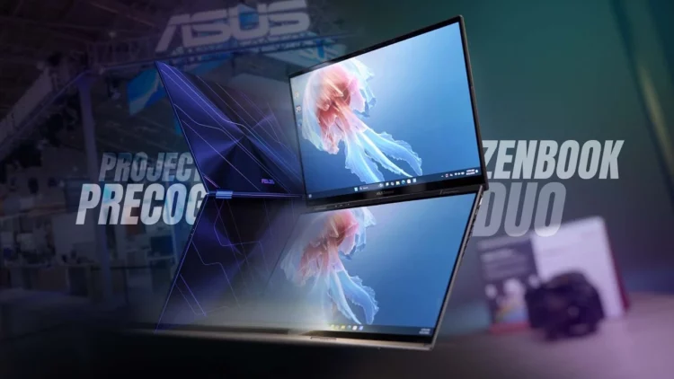 Tampilan laptop ASUS Zenbook DUO (UX8406CA) dalam mode dua layar vertikal, menampilkan inovasi dari Project Precog menjadi produk nyata yang revolusioner.