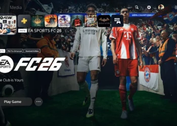 Tampilan menu utama game EA FC 26 di dasbor konsol, mengilustrasikan game yang kini bisa dimainkan lewat early access EA FC 26.
