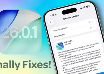 Tampilan update iOS 26.0.1 di iPhone, menunjukkan daftar perbaikan bug penting untuk kamera dan konektivitas.