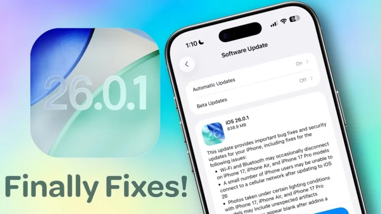 Tampilan update iOS 26.0.1 di iPhone, menunjukkan daftar perbaikan bug penting untuk kamera dan konektivitas.