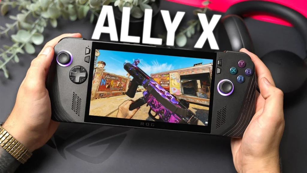 konsol game terbaik 2025, hands-on ASUS ROG Ally X 2024 berwarna hitam yang menampilkan performa monster saat memainkan game AAA.