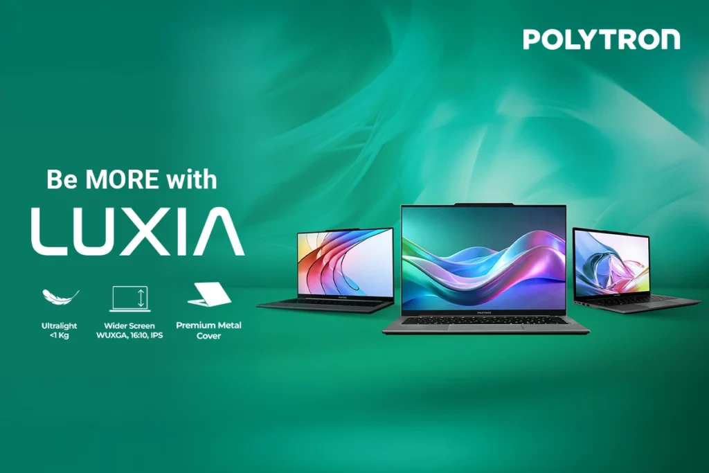 Gambar promosi laptop tipis terbaik dari Polytron, Luxia, yang menjadi penantang di segmen laptop lokal dengan bobot ultralight di bawah 1 kg.