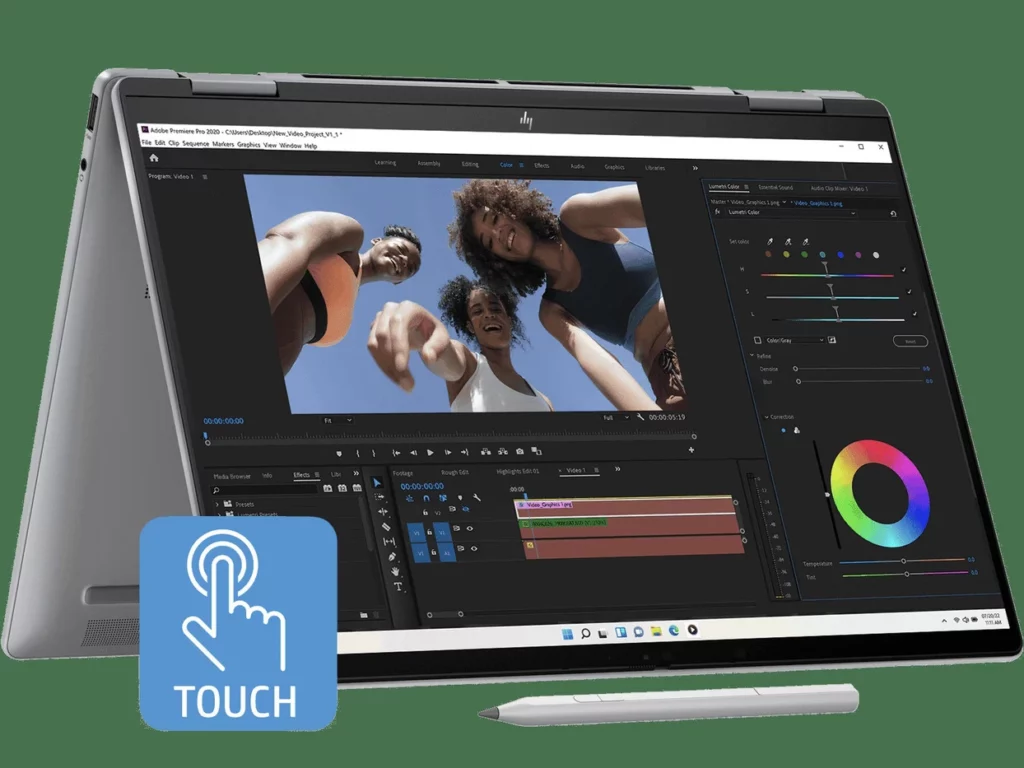 Laptop konvertibel HP ENVY X360 14 OLED dalam mode tent, menampilkan kemampuan layar sentuh dan dukungan stylus saat menjalankan software video editing.
