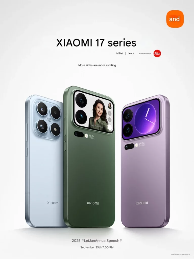 Gambar promosi Xiaomi 17 Series yang menampilkan tiga model: biru, hijau dengan layar sekunder, dan ungu, bersama tanggal rilis 25 September 2025 dan logo Leica.