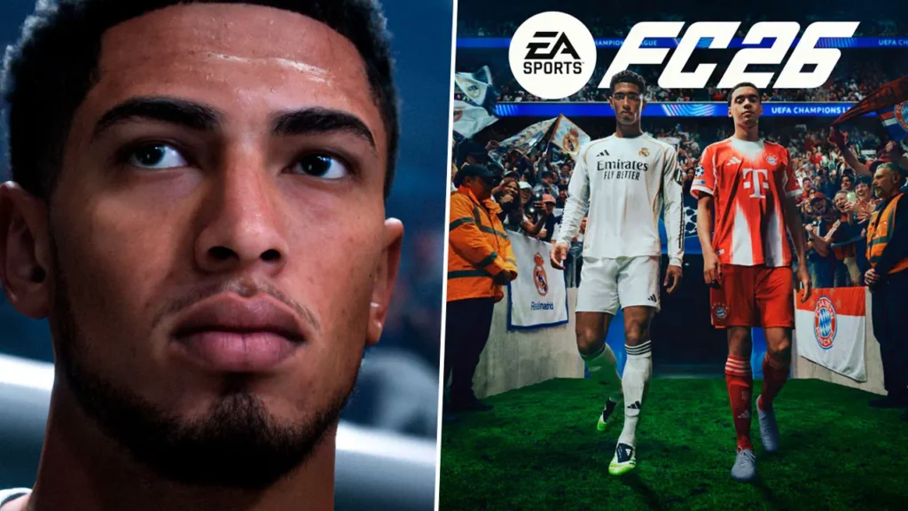Kolase gambar promosi Early Access EA FC 26, menampilkan close-up pemain dan cover art, yang kini bisa dimainkan lebih awal.