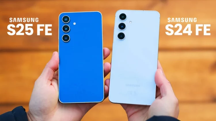 Perbandingan desain antara Samsung Galaxy S25 FE vs Galaxy S24 FE yang dipegang berdampingan, menunjukkan perbedaan warna dan detail bodi.