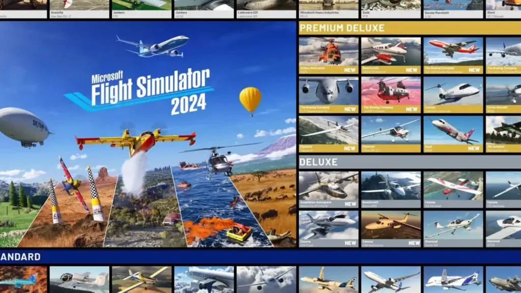 Infografis yang menunjukkan daftar lengkap pesawat di game Microsoft Flight Simulator 2024, terbagi dalam edisi Standard, Deluxe, dan Premium Deluxe.