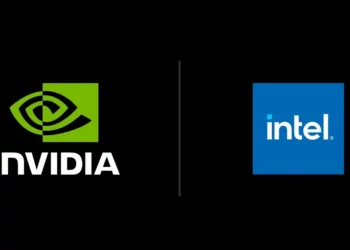 Logo Nvidia dan Intel bersanding, merepresentasikan kolaborasi bersejarah antara kedua perusahaan untuk menciptakan prosesor baru.