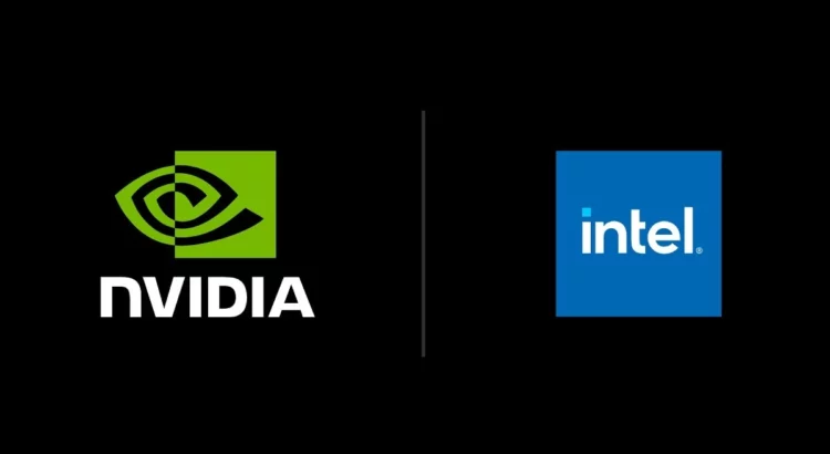 Logo Nvidia dan Intel bersanding, merepresentasikan kolaborasi bersejarah antara kedua perusahaan untuk menciptakan prosesor baru.