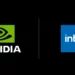 Logo Nvidia dan Intel bersanding, merepresentasikan kolaborasi bersejarah antara kedua perusahaan untuk menciptakan prosesor baru.