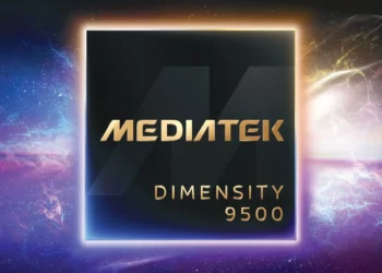 Logo resmi chipset MediaTek Dimensity 9500 dengan latar kosmik, chipset flagship dengan performa AI dan gaming superior yang siap libas Snapdragon.