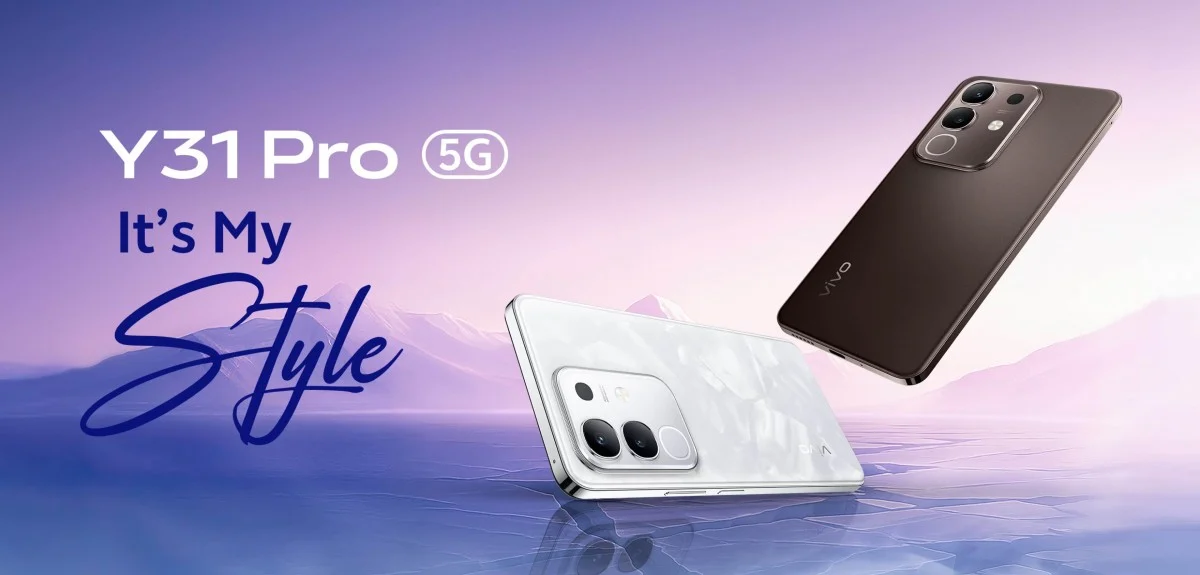 Dua varian warna HP Vivo Y31 Pro 5G, Mocha Brown dan Dreamy White, menampilkan desain premiumnya.