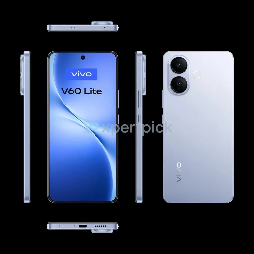 Render Vivo V60 Lite 4G dalam warna biru, menampilkan layar AMOLED 120Hz dari berbagai sudut.
