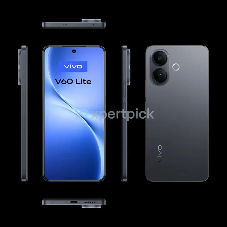 Gambar render dari berbagai sudut untuk HP Vivo V60 Lite 4G, menampilkan desain bodi yang ramping dan layar AMOLED 120Hz.